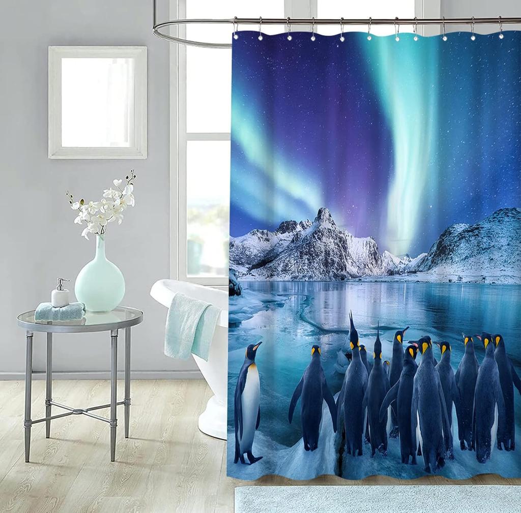 Penguin Shower Curtain Blue Bathroom Curtain Polar Animal Aurora Bathroom Curtain Waterproof Polyester Fabric with Hook
