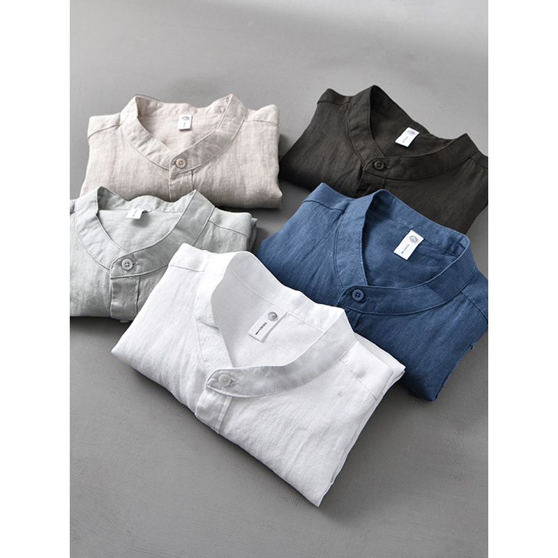 New Chinese Style National Style Linen Short sleeve Shirts Men's Clothing Retro Stand Collar Cotton Linen Fabric Loose Casual Shirt Thin