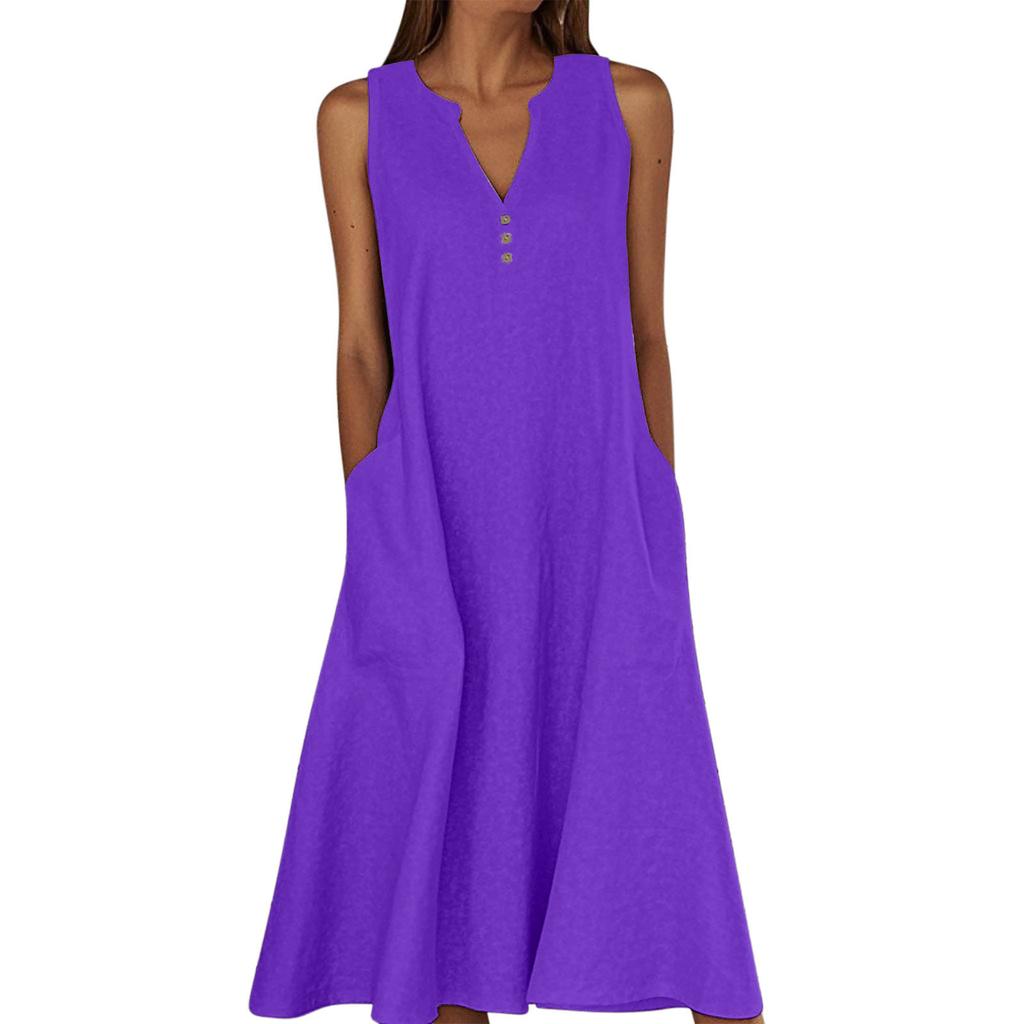 Women's Sleeveless V-Neck Button Front A-Line Dress with Side Pockets in Multiple Colors