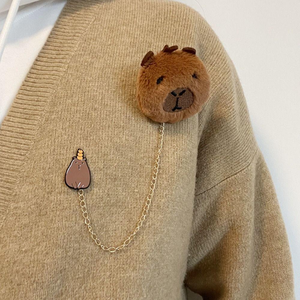 1pc Cute Cartoon Capybara Lapel Pin Brooch, Elegant Versatile Fashion Accessory for Sweaters and Coats, Polyester Fabric with Chain, No Plating - Mixe