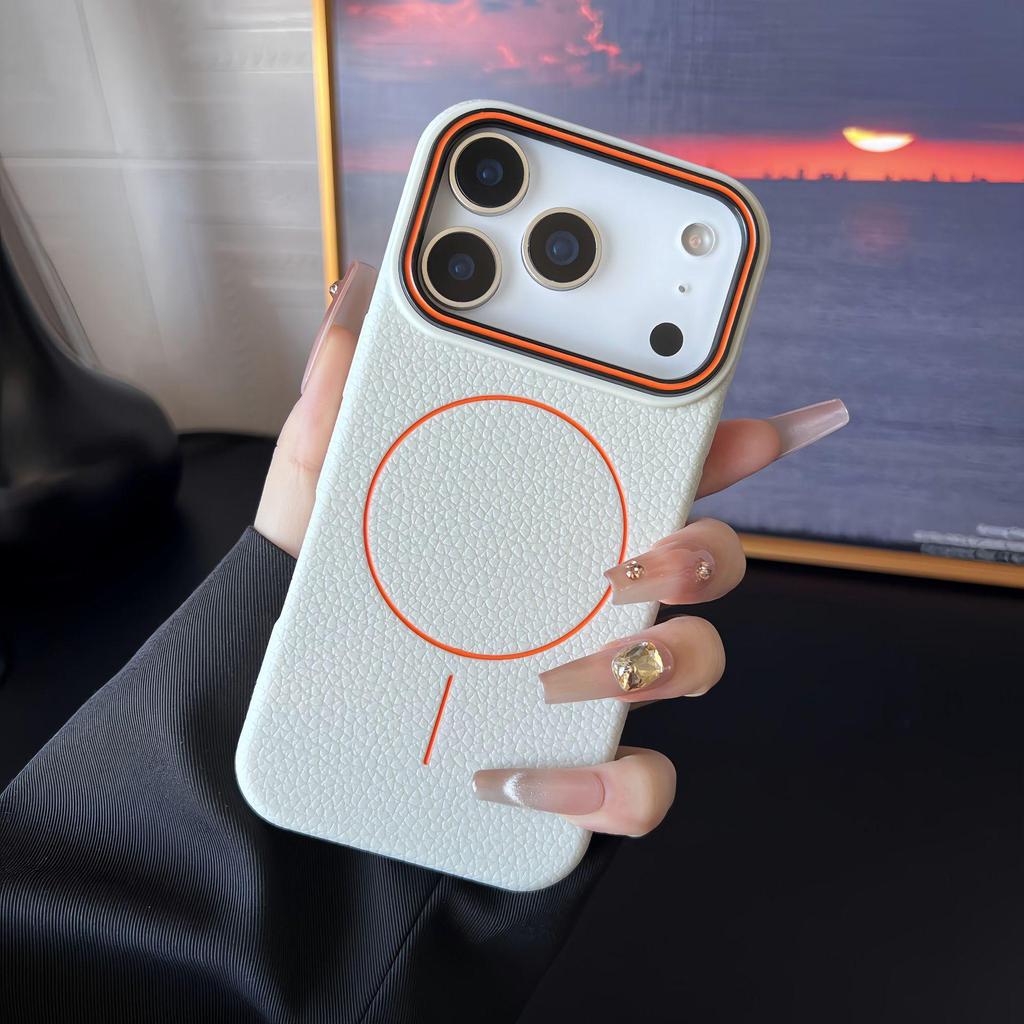 Lychee Pattern iPhone 17 PM Case: Shockproof Magnetic Protection for 16 Pro Max & 15 PM with Contrasting Colors