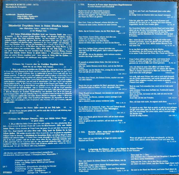 LP Record HEINRICH SCHTZ HESSISCHE KANTORE Musikalische Exequien MAS043 Not On Label 1984 Germany Classical Used