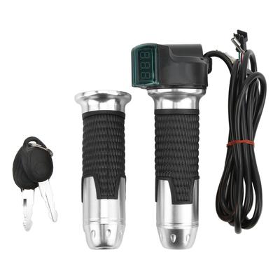 2PCS Electric Bicycle Throttle Handle Speed Control Throttle Grip with Green Digital Display Grain PatternSilver Handle