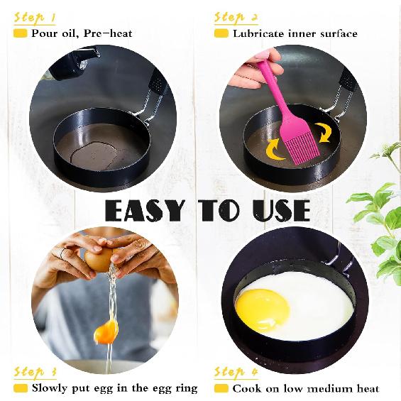 4 Pack Egg Rings for Frying Eggs, 3.5" Round Egg Cooking Stainless Steel, for English Muff Pancake, with Silicone Handle