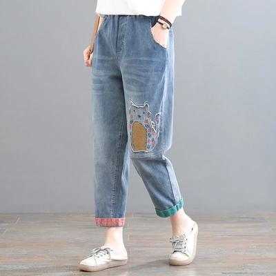 Pantaloni Harem Autunnali da Donna Taglie Forti con Toppe a Cartoni Animati Ricamo Vita Alta Jeans Semplici