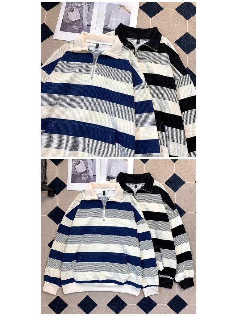 Unisex Retro Gestreifte Oversize Langarmjacke mit halbem Reißverschluss für Herbst & Winter