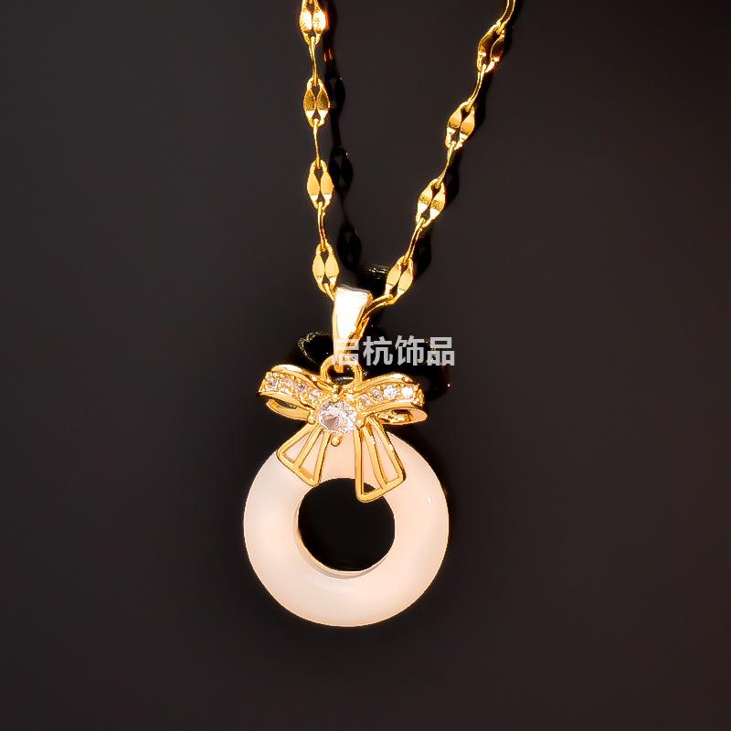 Hetian Jade Safety Buckle Necklace Women'S Retro Ethnic Style Versatile Slightly Inlaid Bow Pendant Neck Chain