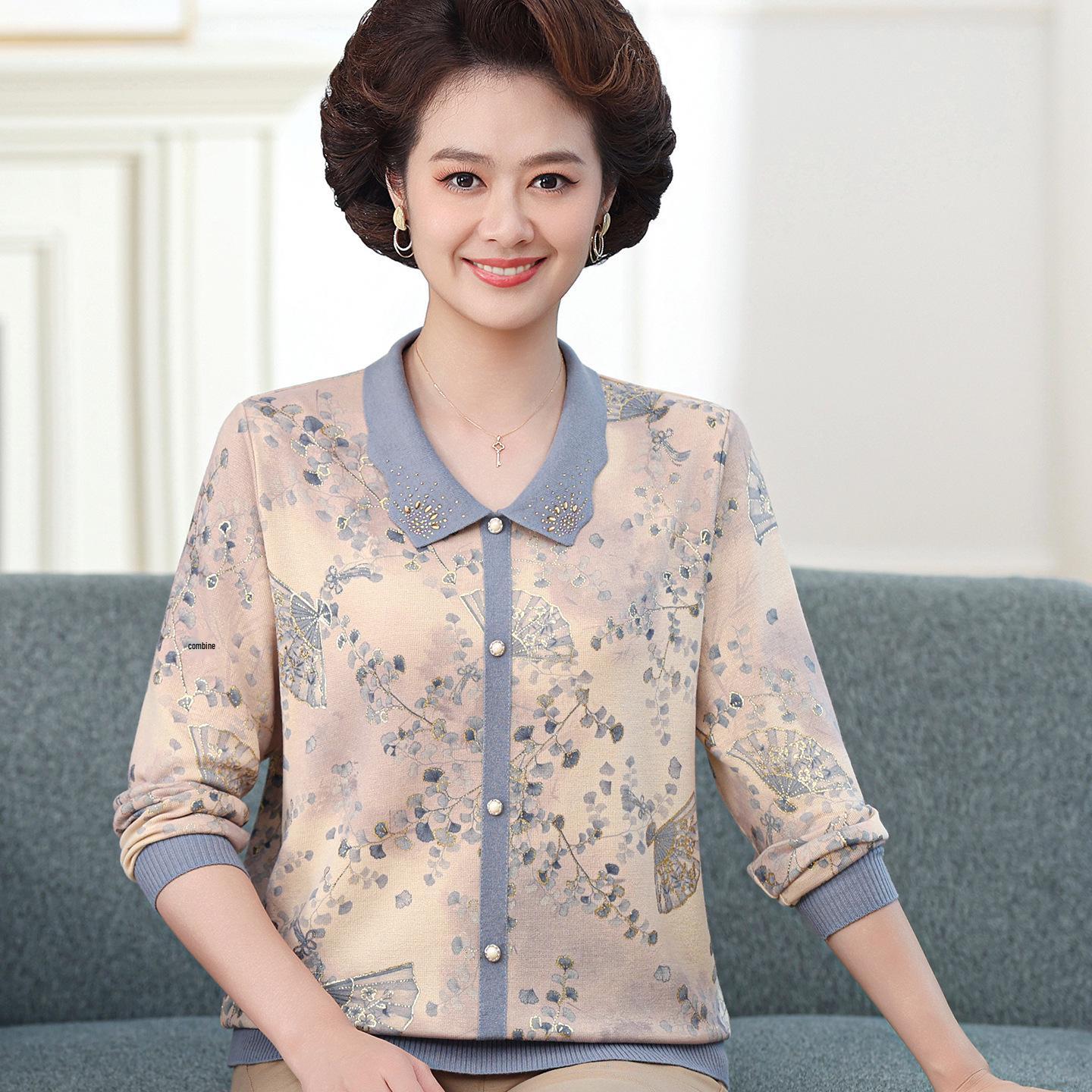 

Autumn Floral Turn-Down Collar T-Shirt for Middle-Aged Women: Elegant Long-Sleeved Base Layer Top XXL (52-57 kg)