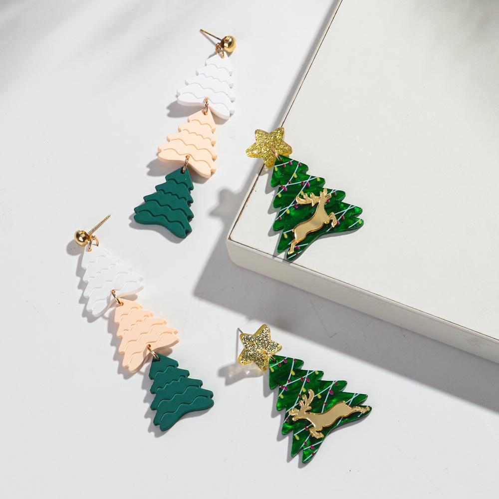 New Long Christmas Tree Acrylic Earrings for Women Fashion Xmas Trees Mirrored Elk Drop Earring Party Jewelry Gifts