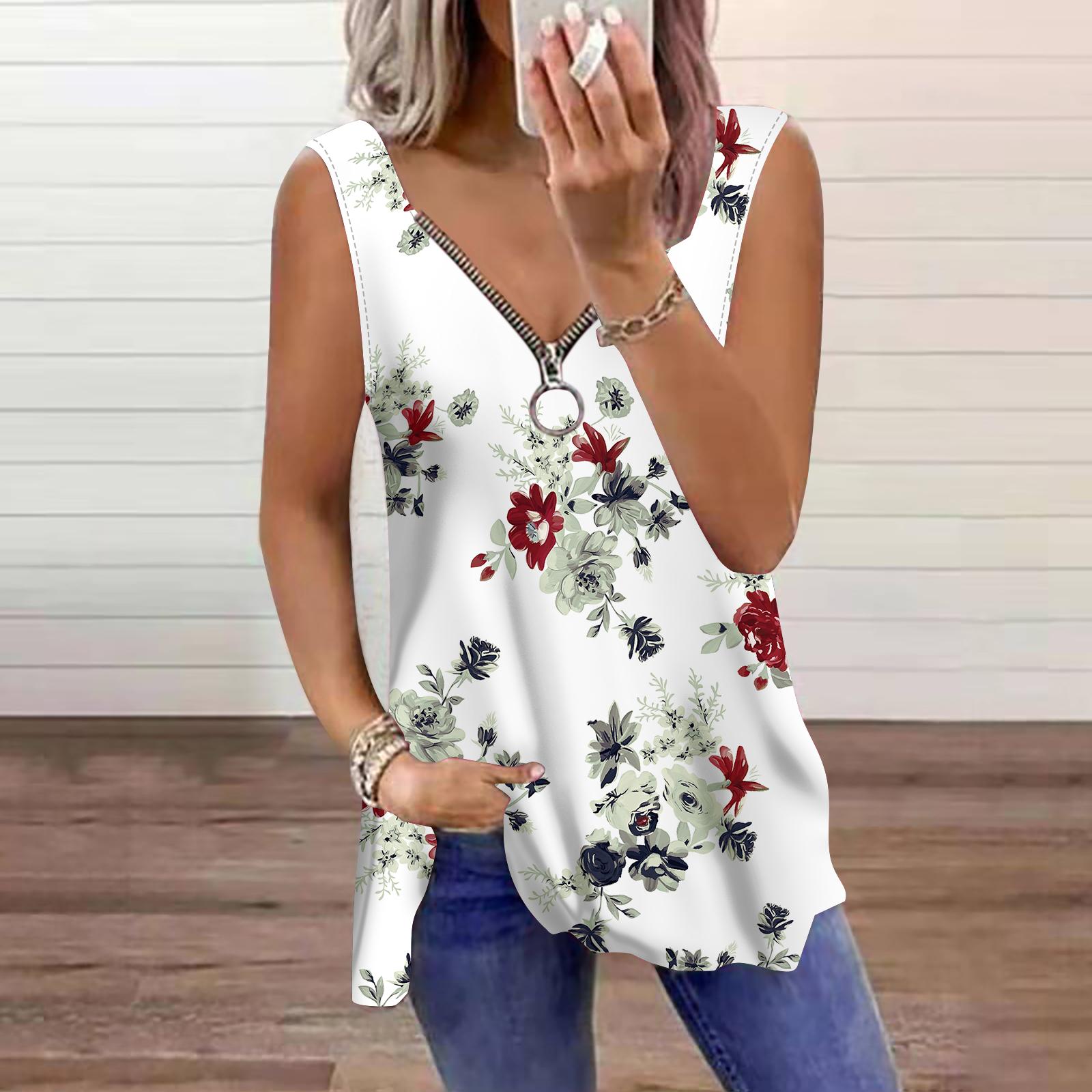

Женский топ, летний, синий, с цветочным принтом, повседневный, большого размера, без рукавов, на молнии, с V-образным вырезом, майка 8XL серый