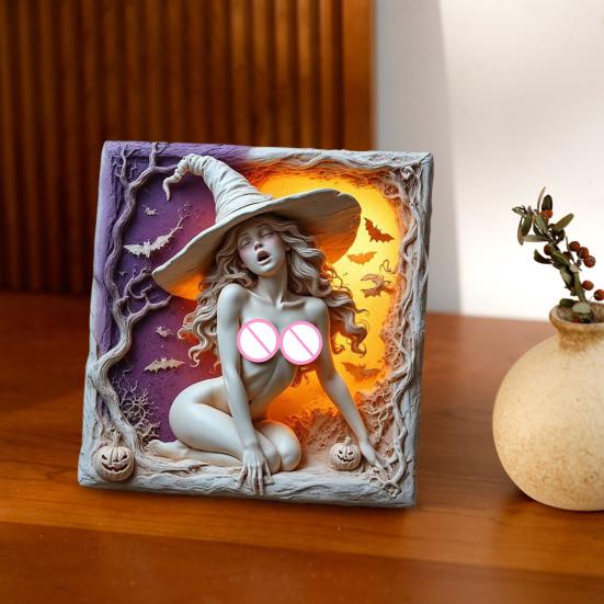 Halloween Witch Decoration Resin Sexy Witch Art Slate Tabletop Witch Sculpture with Pumpkin Bat And Spooky Trees for Home Desk Mantel Cabinet