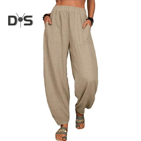 Damen Freizeithose, elastische, hohe Taille, einfarbig, Haremshose mit Taschen, lockere Passform, atmungsaktiv, lange Hose für den Alltag