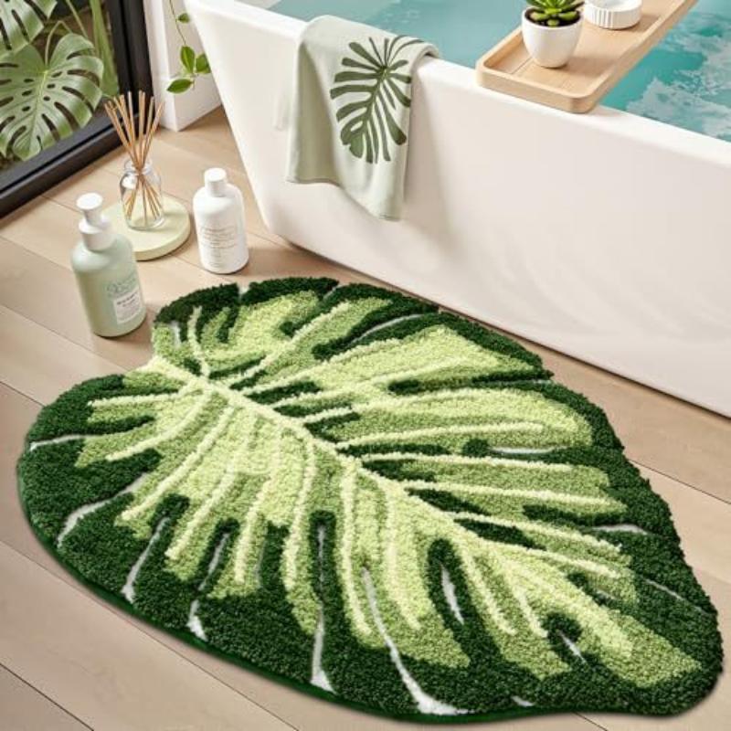 Tropical Green Leaf Bathroom Floor Mat Soft Plush Anti Slip Mat Bathroom Shower Bathtub Front Home Decoration