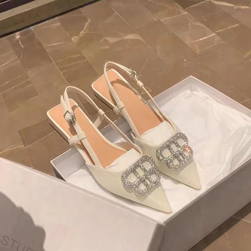 

Grape Mom~ Temperament rhinestone pointed head bag head silver sandals women s thick heel diamond buckle empty one-word buckle with commuter slip 40