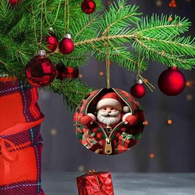Christmas Ornaments Santa Claus/Reindeer/Penguin/Gingerbread Man In Red Plaid Zip Design Round 2D Acrylic Holiday Tree Decor