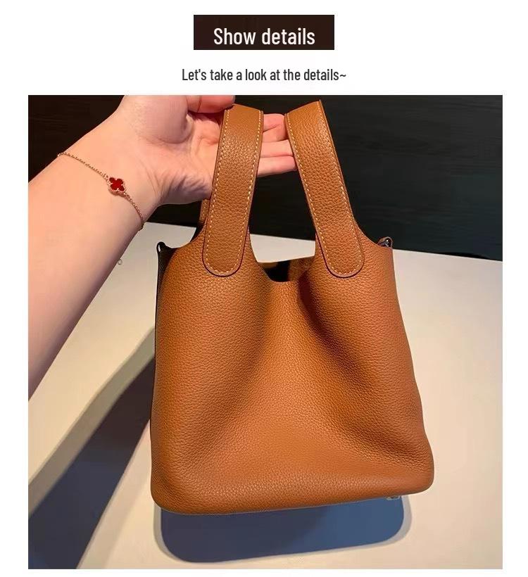 Genuine Leather Women's Bucket Handbag, Large Capacity, High-End Cowhide, 2024 Design