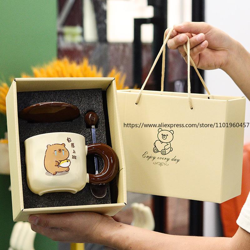 Kreskówkowy Uroczy Ceramiczny Kubek z Pokrywką, Niszowy Zestaw Pudełek Prezentowych do Makijażu do Gospodarstwa Domowego, Prezent Urodzinowy, Prezent Towarzyszący o Wysokiej Estetyce