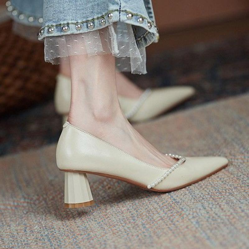 Shoes for Women 2024 Pearl Ladies Summer Footwear Bride Mary Jane with Heel Japanese Style Lolita Pointed Toe Gothic Lastest 39