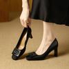Square Head Thick Heel High Heels Soft Leather Work Shoes Spring 2026 One-pedal Square Buckle Shallow Mouth Single Shoes