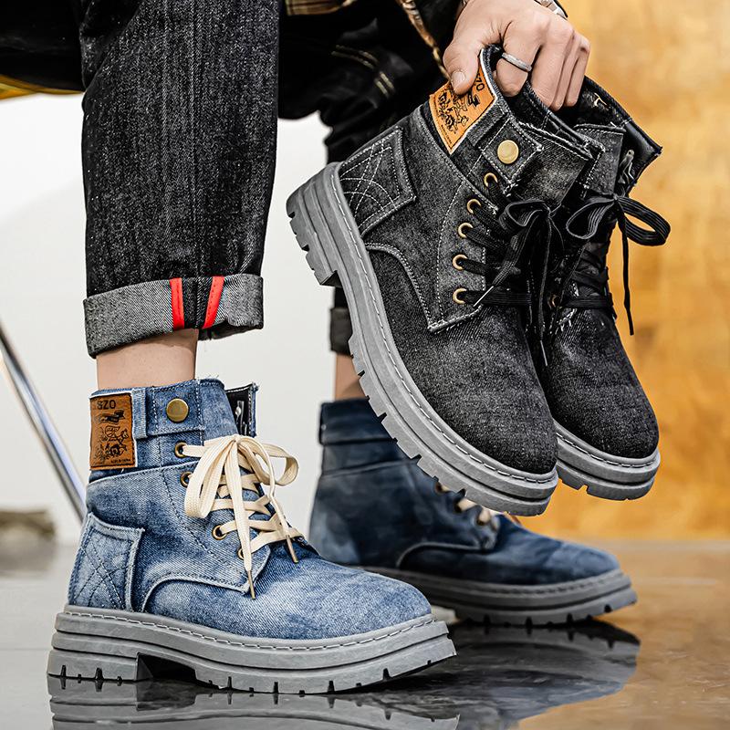 Retro Denim Canvas Boots for Men Trendy High Top Boots Outdoor Street Men's Ankle Boots Platform Working Shoes Botas Masculino