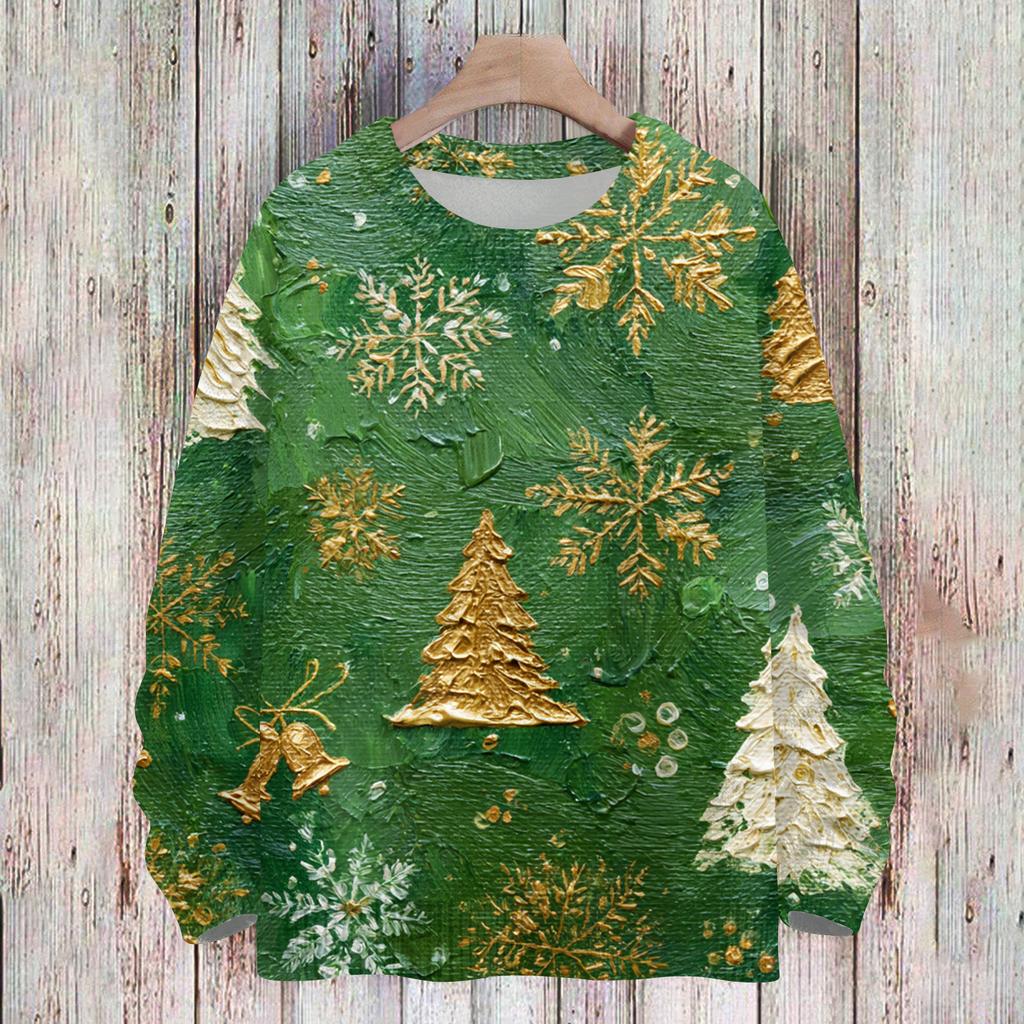 Ladies' Fashionable And Casual Christmas Cute Printed Round Neck Long Sleeved Knitted Yarn