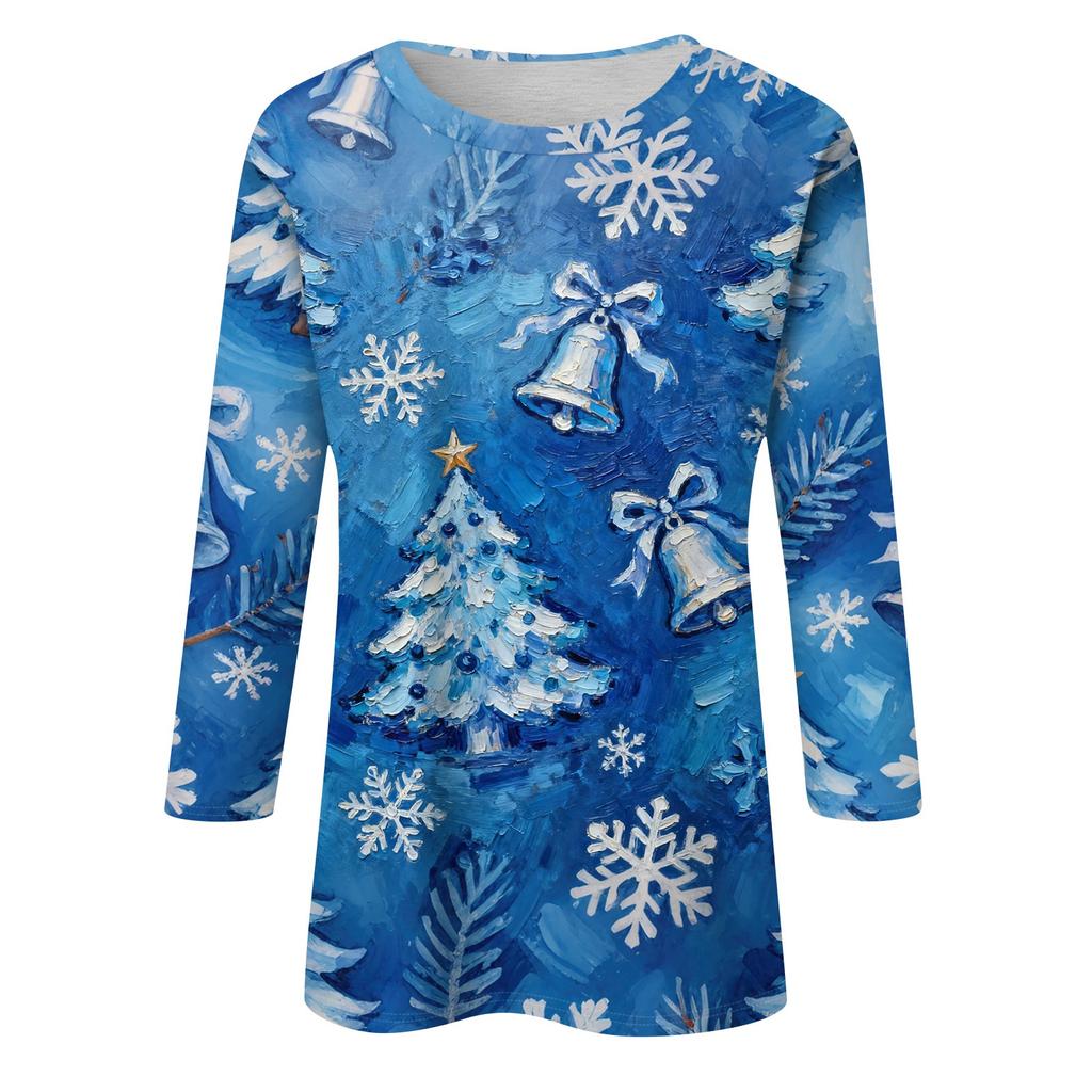 3/4 Sleeve Shirts For Women Print Christmas Tees Blouses Casual Plus Size Basic Tops Pullover