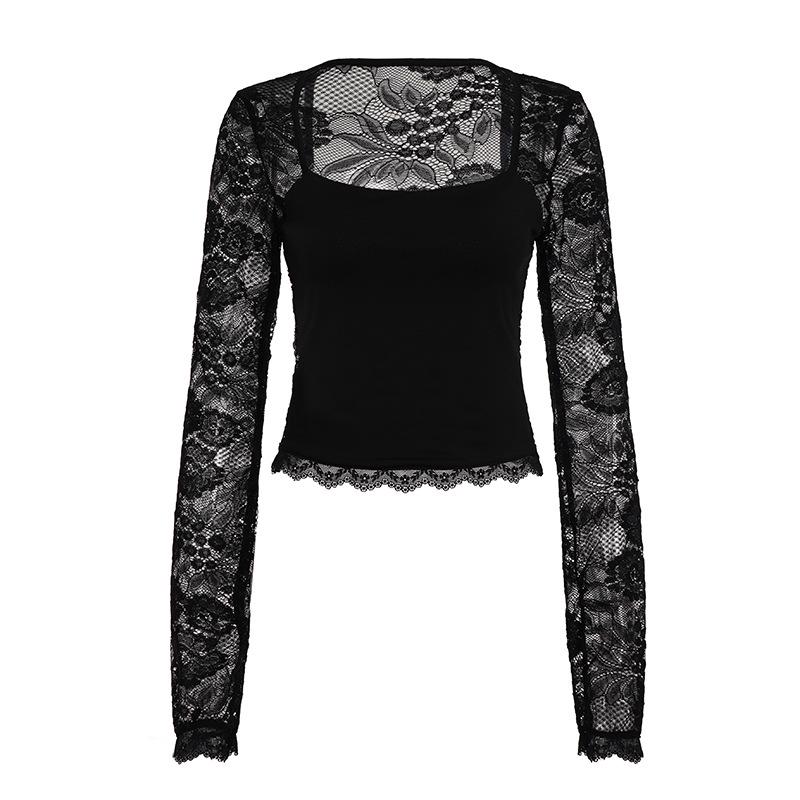 Elegant Lace Patchwork Long Sleeve Slim Fit T-shirt M