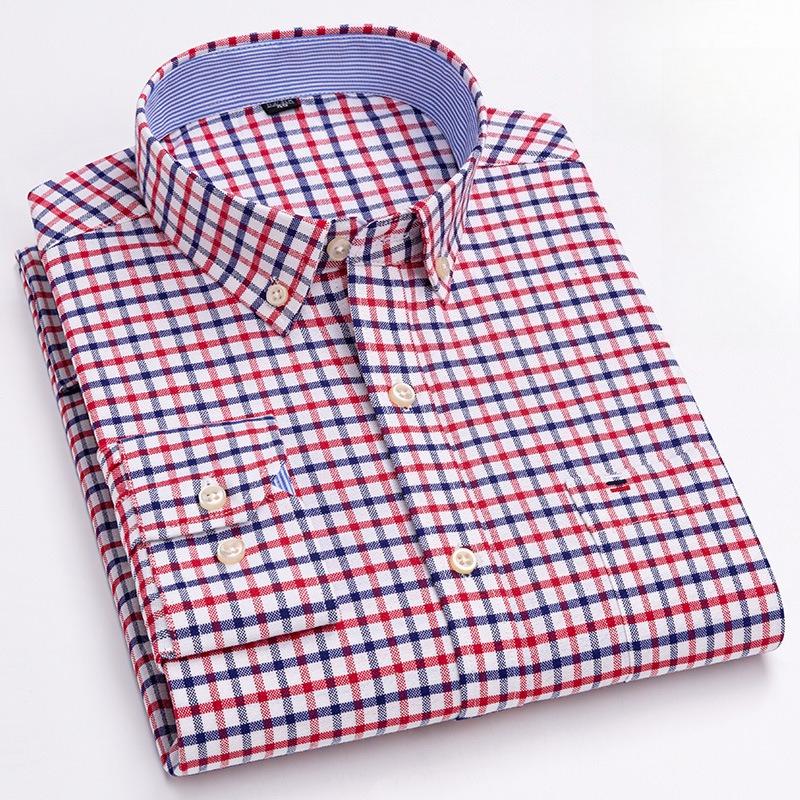 

100% Бавовна Чоловічі Оксфордські Сорочки Довгий Рукав Повсякденна Клітчаста М яка Звичайна Посадка Формальна Дрес-Сорочка Соціальна Блуза Чоловічий Одяг 43