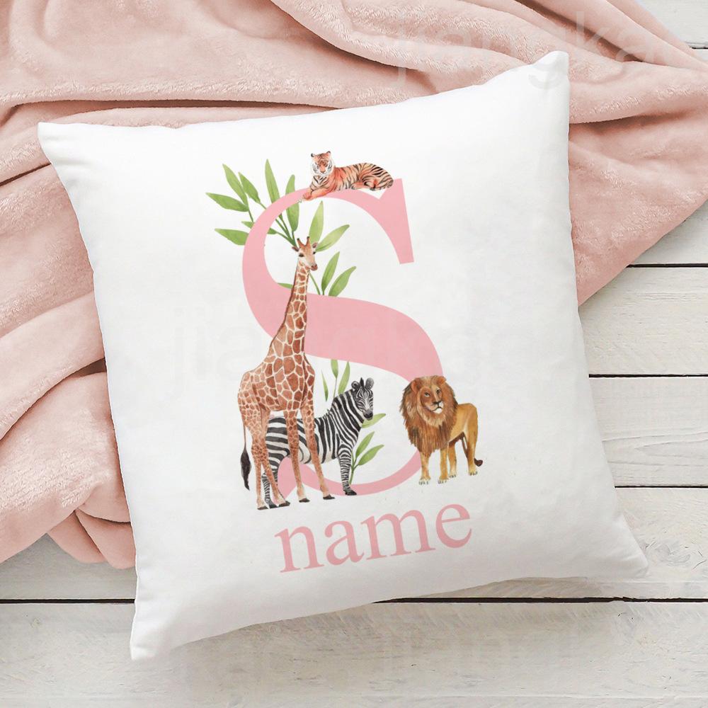 Personalized Pillow Case Initial with Name Safari Animal Pillow Cover Kids Bedroom Wild Party Decor Kids Birthday Shower Gift