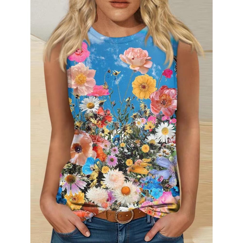 Flower Floral 3D Print Tank Tops Women Summer O-Neck Vintage Casual Vest Off Shoulder Y2k Sleeveless Top Camisole Woman Clothing