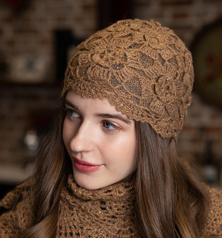 New Winter Crochet Hats for Women Beanie Caps Flowers Handmade Knitted Hat Female Lace Hat Chapeu Feminino Gorras