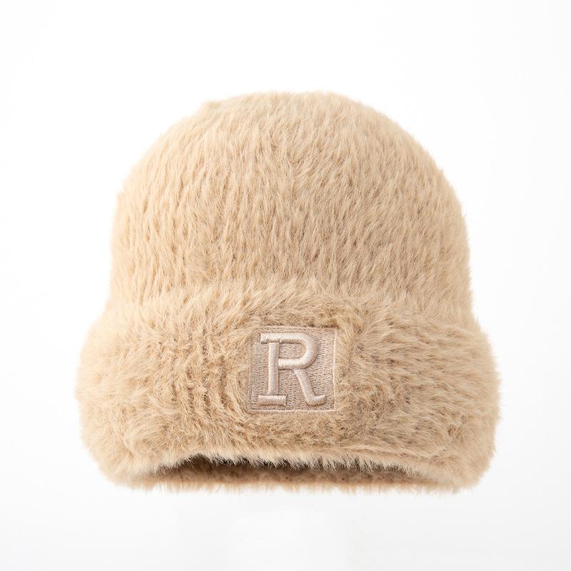Korean New Winter Hat for Women's Big Head Wing Letter Wool Hat Imitation Mink Hair Autumn and Winter Warm Knit Hat Trend
