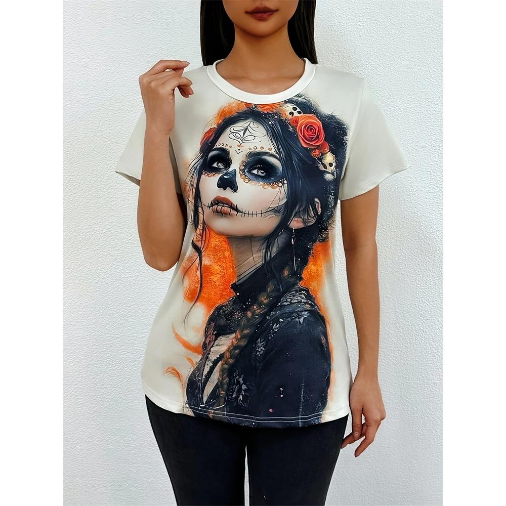 New Women's T Shirt Summer Short Sleeve Abstract Face Printed Round Neck Loose Short Sleeve Oversized Y2K Streetwear