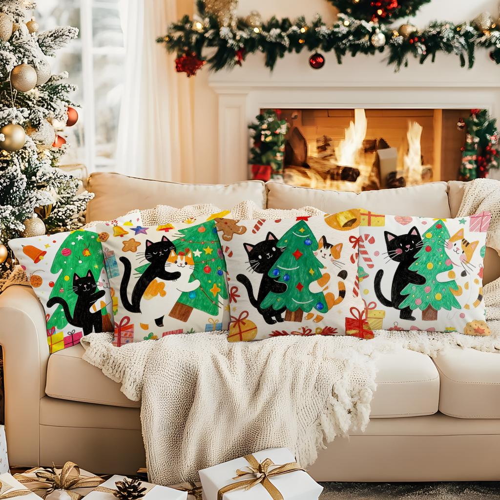 Christmas Tree Cat Pillowcase Printed Polyester 40/45/50cm Throw Pillowcover Decorative Sofa Cushion Pillowslip Home Decor