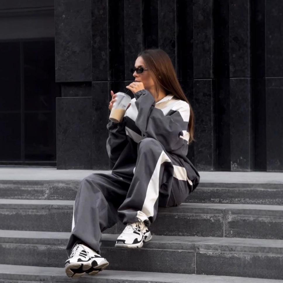 1116 Fashion Casual Women's Clothing European and American Long-sleeved Contrasting Sports Cardigan Trousers Set Street Style Suit