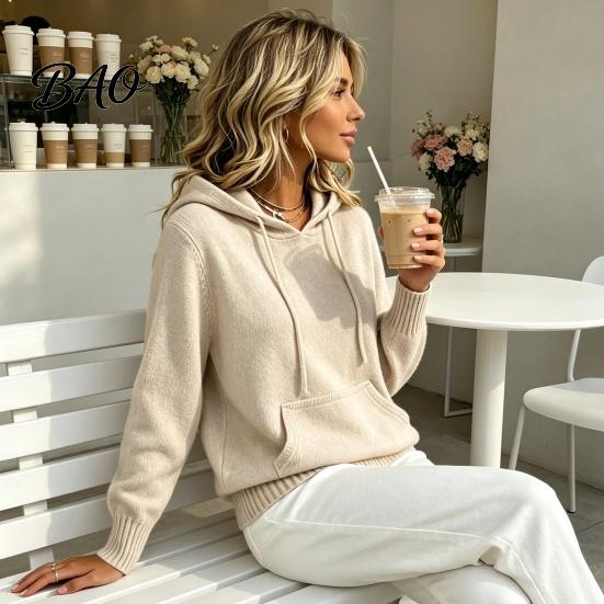 Damen Strick-Kapuzenpullover für Herbst Winter, Langarm Pullover Weicher Gerippter Saum Strickware mit Fronttasche, Einfarbige Lässige Kapuzenoberteil Oberbekleidung