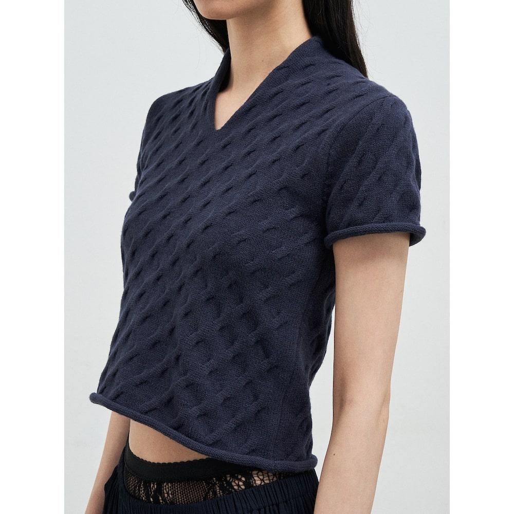 Anggae Cable Slit Neck Shortsleeve Pullover Navy