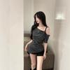 Sexy Spice Girl Slant Shoulder Contrasting Striped Short Sleeve T-Shirt Women's Summer New Slim Skinny Irregular Foreign Top