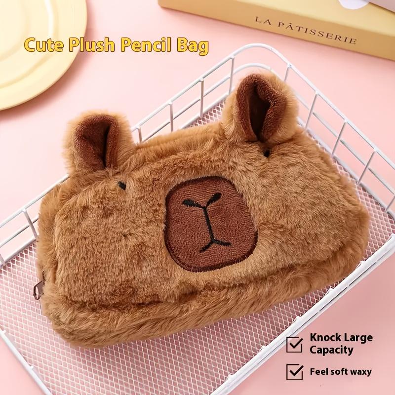 Large Plush Capybara Pencil Case - Spacious Stationery Organizer with Makeup Brush Holder, Coin Purse & Office Supplies Storage