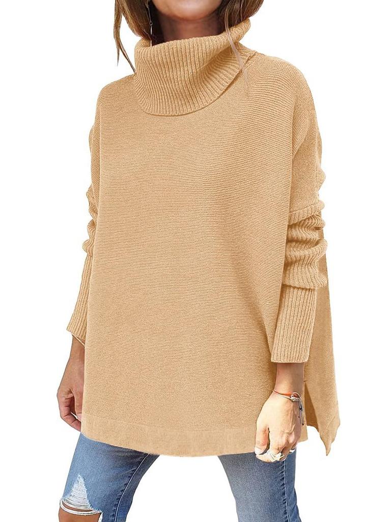 2024 Damen Hochhals Oversized Mittellanger Fledermausärmel Pullover mit Schlitzsaum und Taillengürtel