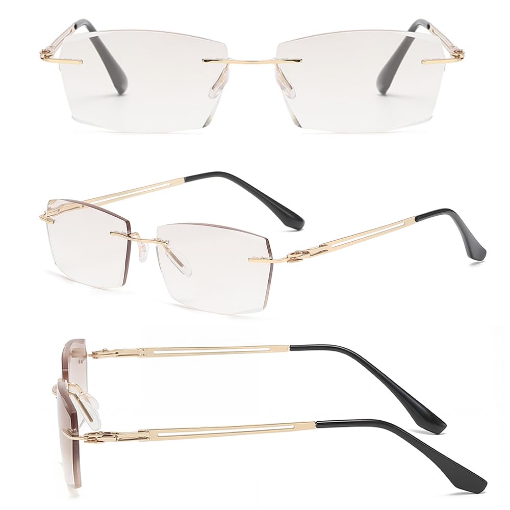 Rimless Reading Blue Light Single Vintage UV Gold Frame x Brown B1596 [FEISEDY] Women's Glasses, Stylish, Blocking, Vision, Style, Protection,