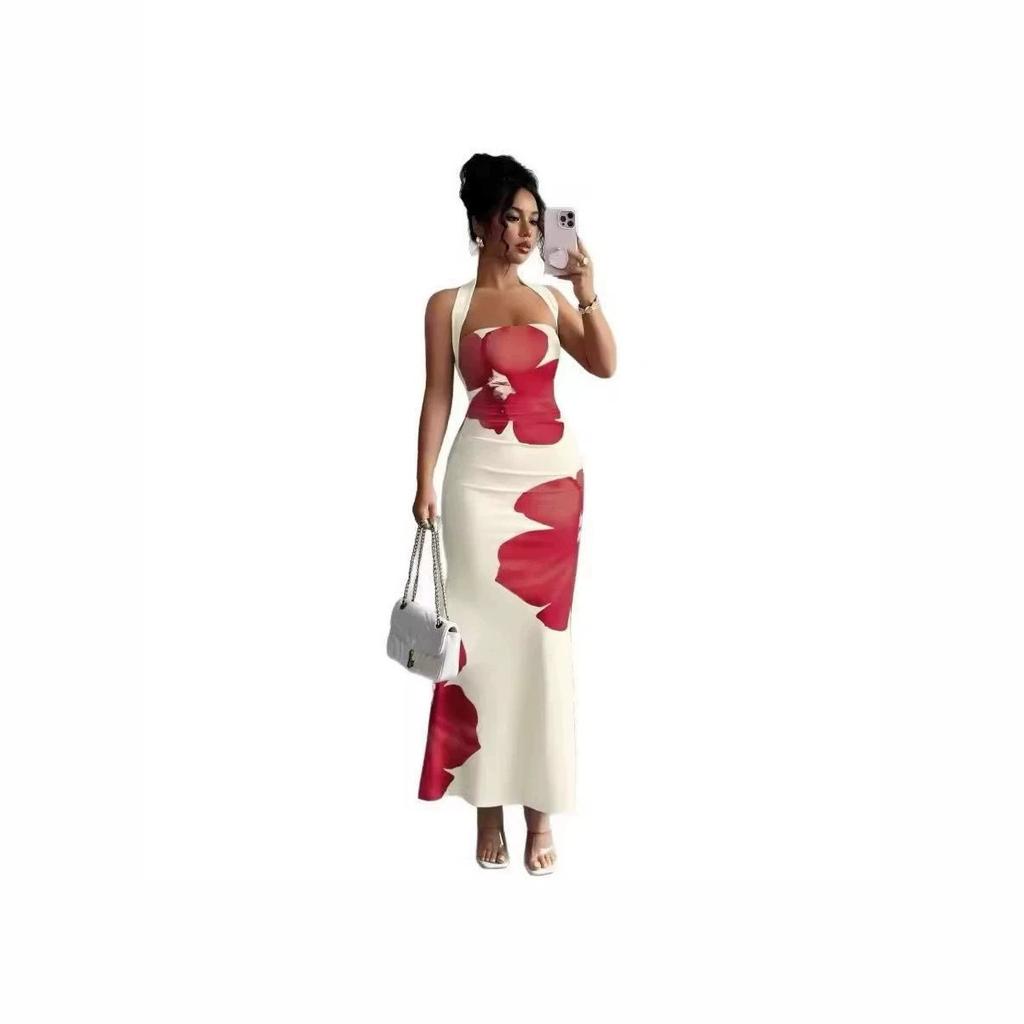 2026 Summer Neck Print Dress Women's, Backless Slim-fitting Buttocks Fishtail Dress