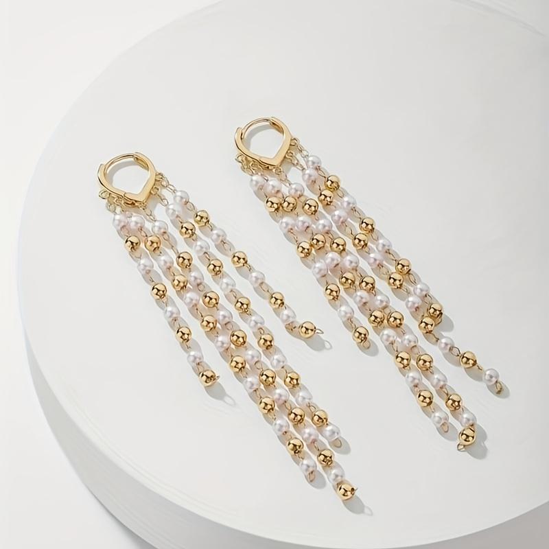 1Pair of Long Women's Fashion Pendant Earrings, French Temperament Elegant Style Imitation Pearl Fringed Pendant