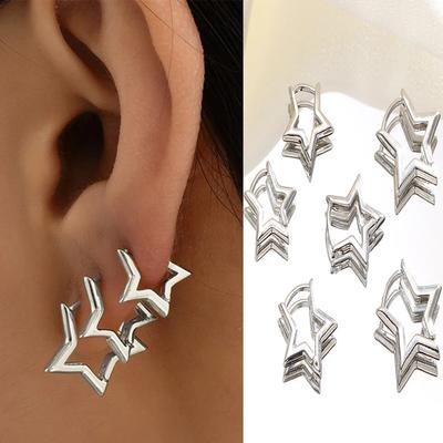 6Pcs/Set Vintage Glossy Chic  Color Star Hoop Earrings For Women Retro Pentagram Huggie Hoops Daily Wear Jewelry
