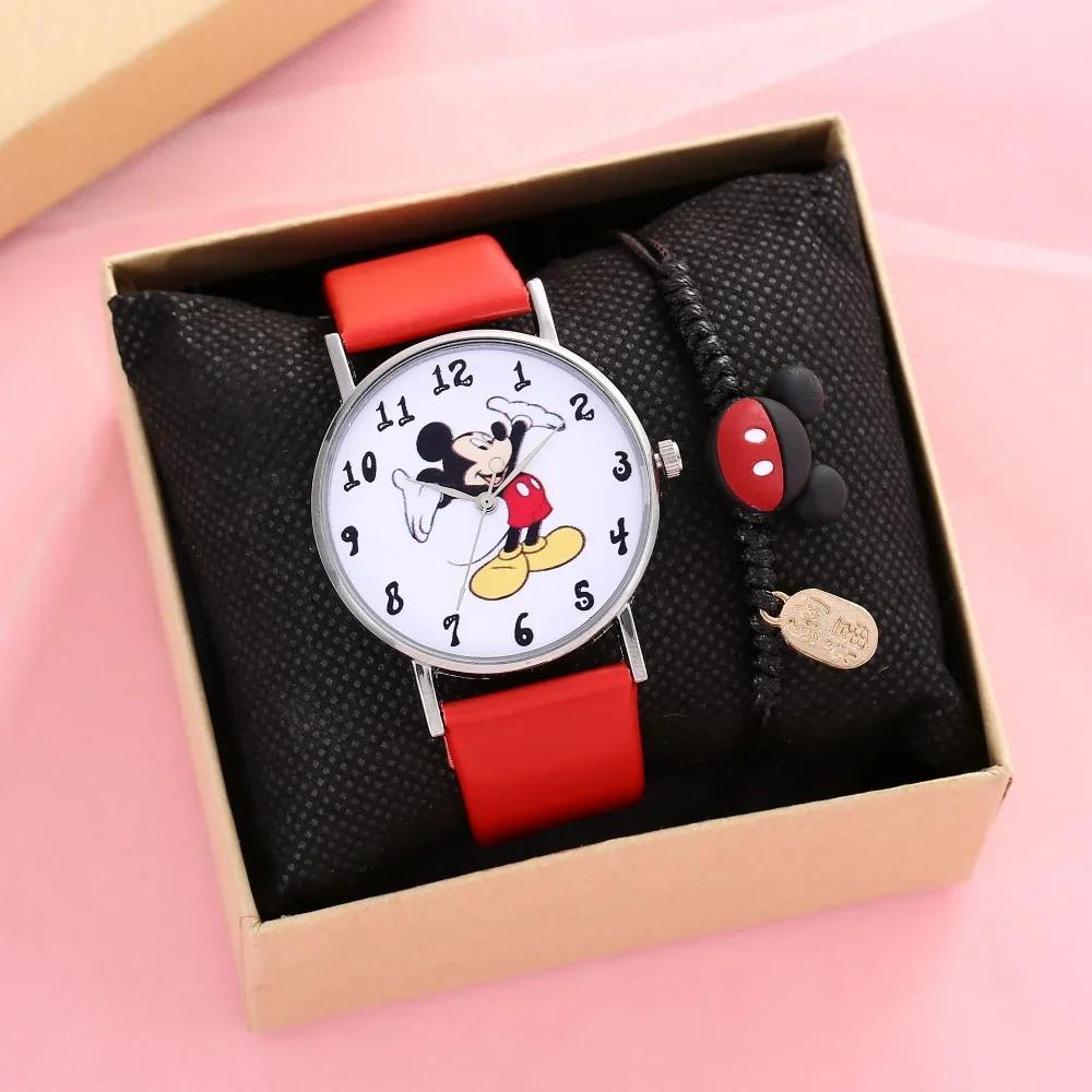 Disney Damen Kinder Uhr Armband Set Geschenkbox Mode Mickey Maus Cartoon Kinderuhr Damenarmband mit Box