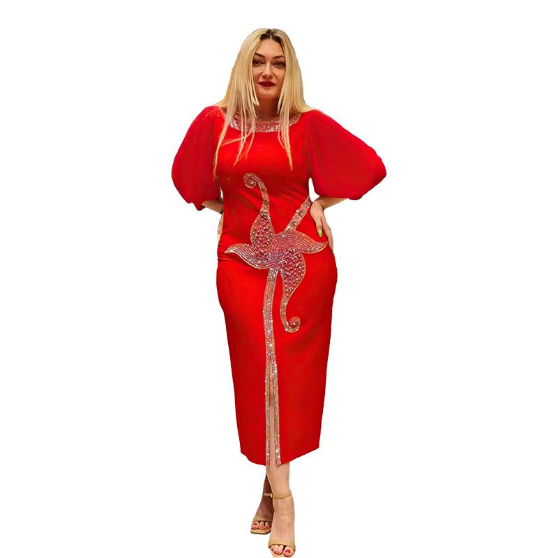 Hotfix Rhinestone Mesh Sleeve Bodycon Dress - Elegant Slim Fit with Sexy Round Neck