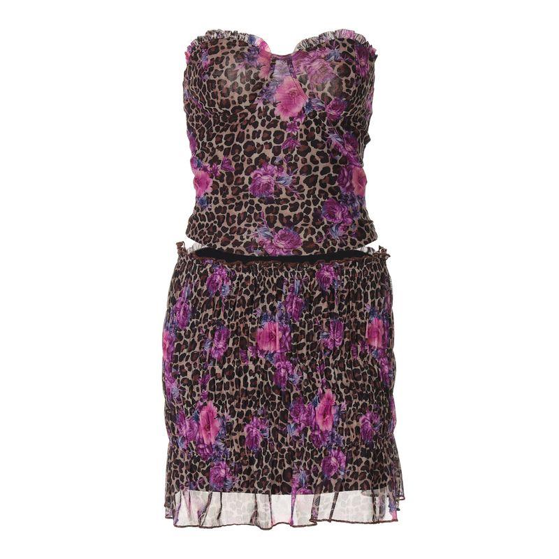 Shemoda Retro Print Double-Layer Mesh Patchwork Sexy Suit Women's off-Neck Tube Top Tops Skirt