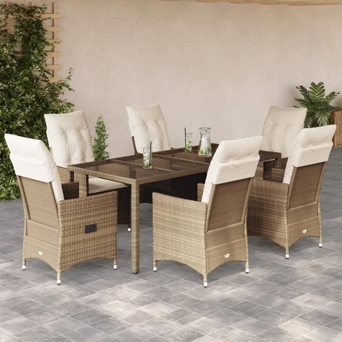 VidaXL Garden Dining Set and Cushions 7 Pcs Beige Poly Rattan, Outdoor Dining Set 3276805