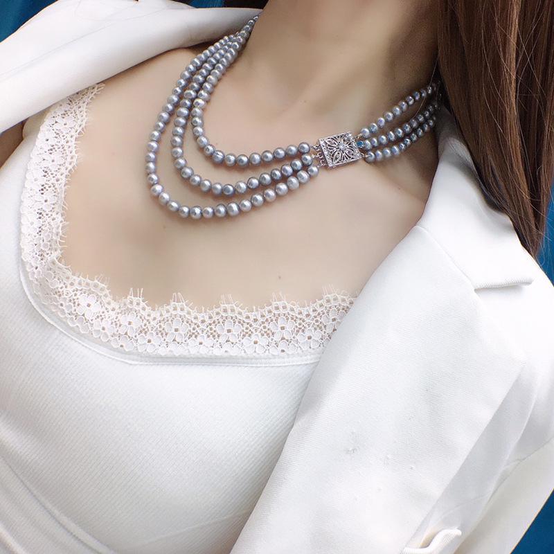 Zhuji Freshwater Pearl Three-Layer Clavicle Necklace for Women - Granny Grey Classic Jewelry Gift 5-6mm