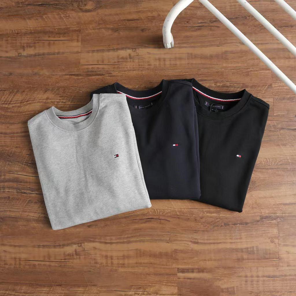 Tommy Men's Embroidered Sweatshirt: Casual, Plain, Plus Velvet Thick Round Neck Pullover